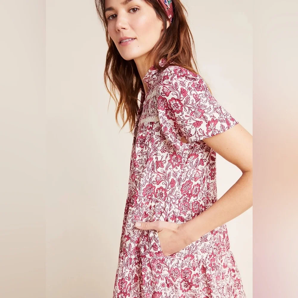 Anthropologie Red Cream Floral Georgina Dress by Maeve XS - Picture 4 of 16